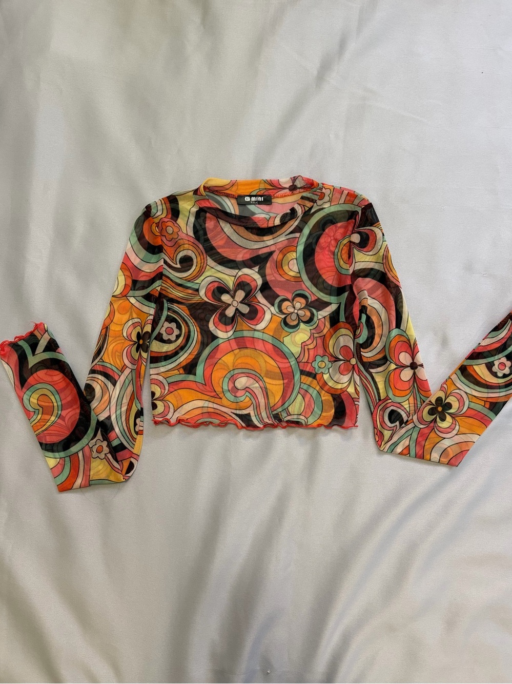 Retro Floral Mesh Long-Sleeve Crop Top - Multi